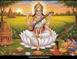 ವೀಣೆ ಹಿಡಿದಿರುವ ಸರಸ್ವತಿ ದೇವಿಯ ಚಿತ್ರ - ವಸಂತ ಪಂಚಮಿ ಆಚರಣೆ