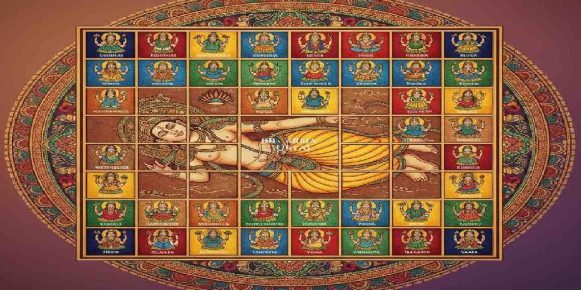 A colorful and intricate AI-generated Vastu Purusha Mandala diagram showing the Vastu Purusha lying within a grid, surrounded by various Vedic deities and directional labels in a traditional artistic style.