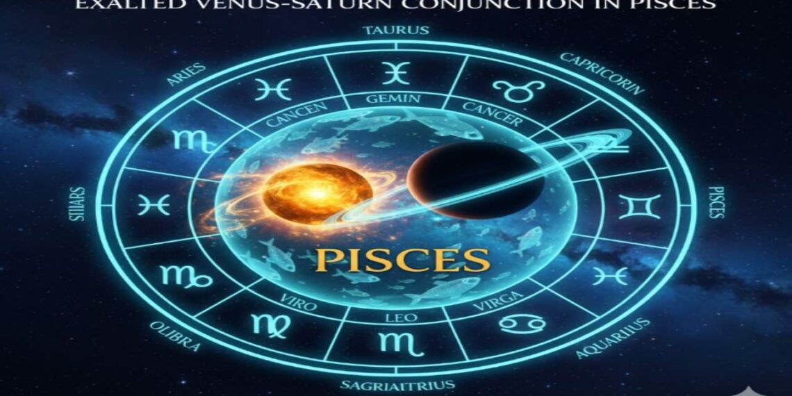 Digital illustration of a zodiac wheel with Pisces highlighted at the center. It features the glowing planet Venus and the ringed planet Saturn in conjunction against a cosmic starry background with English labels for zodiac signs.
