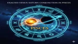Digital illustration of a zodiac wheel with Pisces highlighted at the center. It features the glowing planet Venus and the ringed planet Saturn in conjunction against a cosmic starry background with English labels for zodiac signs.