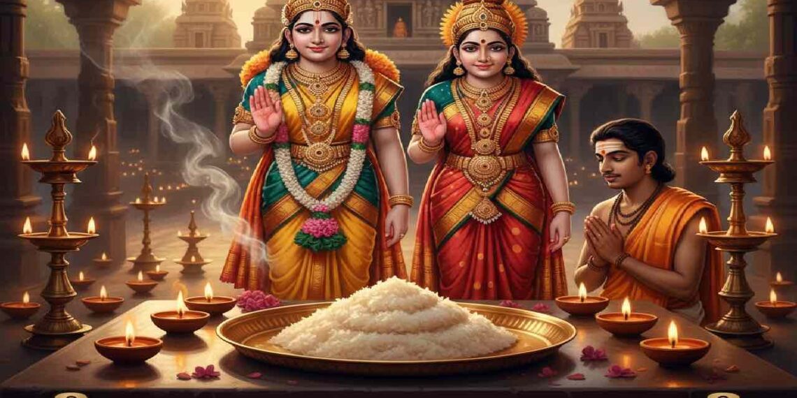 ಒಪ್ಪಿಲಿಯಪ್ಪನ್ ದೇವಸ್ಥಾನದ ಶ್ರವಣ ನಕ್ಷತ್ರ ವ್ರತದ ಉಪ್ಪಿಲ್ಲದ ನೈವೇದ್ಯ ಮತ್ತು ದೀಪಾರಾಧನೆಯ ಚಿತ್ರ