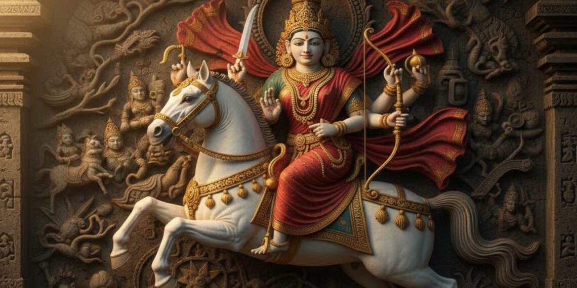 A divine artistic representation of Goddess Ashwarudha Parvati riding a majestic white horse, holding sacred weapons, surrounded by her celestial cavalry in a traditional temple-style carving.