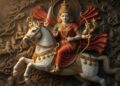 A divine artistic representation of Goddess Ashwarudha Parvati riding a majestic white horse, holding sacred weapons, surrounded by her celestial cavalry in a traditional temple-style carving.