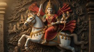 A divine artistic representation of Goddess Ashwarudha Parvati riding a majestic white horse, holding sacred weapons, surrounded by her celestial cavalry in a traditional temple-style carving.