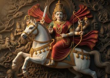 A divine artistic representation of Goddess Ashwarudha Parvati riding a majestic white horse, holding sacred weapons, surrounded by her celestial cavalry in a traditional temple-style carving.