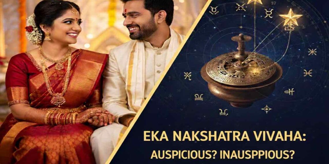 An illustrative graphic for astrology titled 'Eka Nakshatra Vivaha: Auspicious? Inauspicious?'. The image features a smiling Indian couple in traditional wedding attire on the left, and a celestial zodiac chart with stars and an antique brass astrological instrument on the dark blue right side.