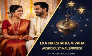 An illustrative graphic for astrology titled 'Eka Nakshatra Vivaha: Auspicious? Inauspicious?'. The image features a smiling Indian couple in traditional wedding attire on the left, and a celestial zodiac chart with stars and an antique brass astrological instrument on the dark blue right side.