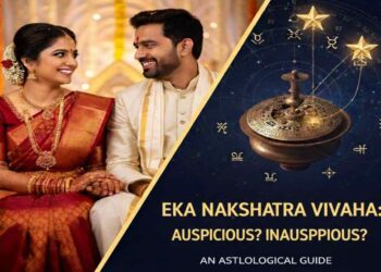An illustrative graphic for astrology titled 'Eka Nakshatra Vivaha: Auspicious? Inauspicious?'. The image features a smiling Indian couple in traditional wedding attire on the left, and a celestial zodiac chart with stars and an antique brass astrological instrument on the dark blue right side.