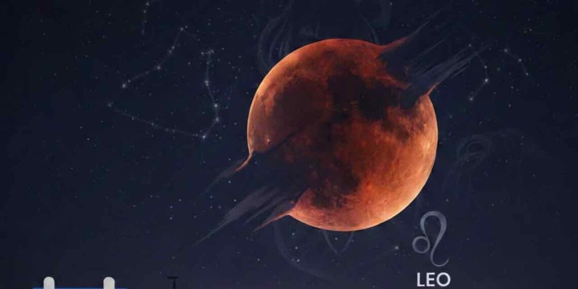 An artistic illustration of a Ketu Grasta Lunar Eclipse featuring a blood-red moon with a shadow effect, the Leo (Simha) zodiac symbol, a calendar icon showing March 3 Tuesday, and a temple silhouette in the background with English text describing the event.