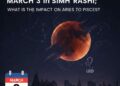 An artistic illustration of a Ketu Grasta Lunar Eclipse featuring a blood-red moon with a shadow effect, the Leo (Simha) zodiac symbol, a calendar icon showing March 3 Tuesday, and a temple silhouette in the background with English text describing the event.