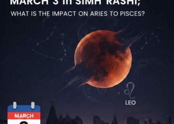 An artistic illustration of a Ketu Grasta Lunar Eclipse featuring a blood-red moon with a shadow effect, the Leo (Simha) zodiac symbol, a calendar icon showing March 3 Tuesday, and a temple silhouette in the background with English text describing the event.