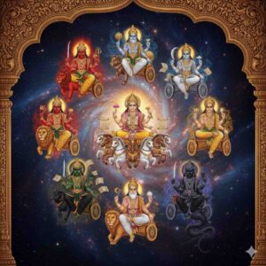 A cinematic AI-generated illustration of the nine celestial deities (Navagrahas) from Vedic astrology, arranged around Sun God (Surya) in a cosmic galaxy background with intricate traditional details and divine chariots.