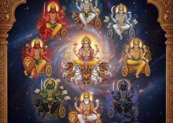 A cinematic AI-generated illustration of the nine celestial deities (Navagrahas) from Vedic astrology, arranged around Sun God (Surya) in a cosmic galaxy background with intricate traditional details and divine chariots.