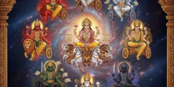 A cinematic AI-generated illustration of the nine celestial deities (Navagrahas) from Vedic astrology, arranged around Sun God (Surya) in a cosmic galaxy background with intricate traditional details and divine chariots.
