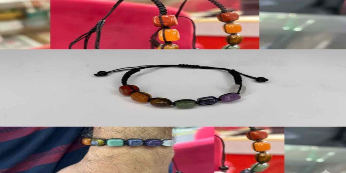 A collage of three images showing a Seven Chakra gemstone bracelet featuring Red Jasper, Carnelian, Tiger Eye, Green Aventurine, Lapis Lazuli, Amethyst, and Clear Quartz. The collage includes a close-up of the bracelet on a plain background and a person wearing it on their wrist.