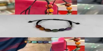 A collage of three images showing a Seven Chakra gemstone bracelet featuring Red Jasper, Carnelian, Tiger Eye, Green Aventurine, Lapis Lazuli, Amethyst, and Clear Quartz. The collage includes a close-up of the bracelet on a plain background and a person wearing it on their wrist.