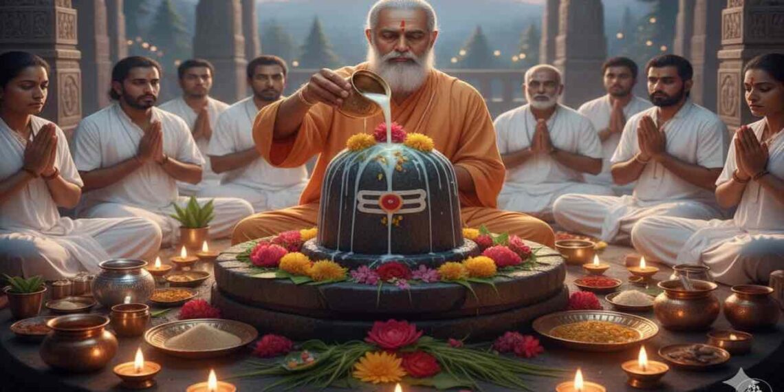 ಮಹಾ ಶಿವರಾತ್ರಿಯಂದು ಬೆಟ್ಟಗಳ ಹಿನ್ನೆಲೆಯಲ್ಲಿ ಸಾಧುವೊಬ್ಬರು ಭಕ್ತರ ನಡುವೆ ಕುಳಿತು ಶಿವಲಿಂಗಕ್ಕೆ ಕ್ಷೀರಾಭಿಷೇಕ ಮಾಡುತ್ತಿರುವ ದೃಶ್ಯ.