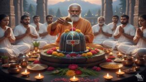 ಮಹಾ ಶಿವರಾತ್ರಿಯಂದು ಬೆಟ್ಟಗಳ ಹಿನ್ನೆಲೆಯಲ್ಲಿ ಸಾಧುವೊಬ್ಬರು ಭಕ್ತರ ನಡುವೆ ಕುಳಿತು ಶಿವಲಿಂಗಕ್ಕೆ ಕ್ಷೀರಾಭಿಷೇಕ ಮಾಡುತ್ತಿರುವ ದೃಶ್ಯ.