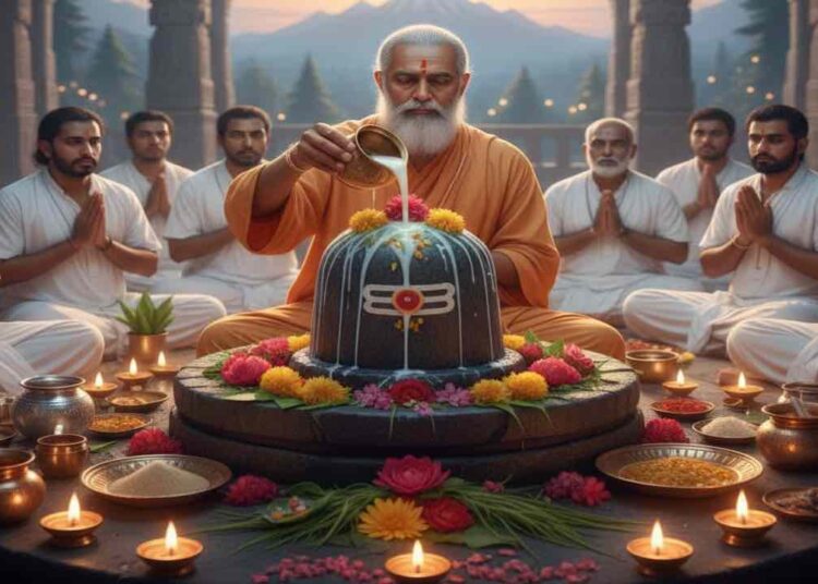 ಮಹಾ ಶಿವರಾತ್ರಿಯಂದು ಬೆಟ್ಟಗಳ ಹಿನ್ನೆಲೆಯಲ್ಲಿ ಸಾಧುವೊಬ್ಬರು ಭಕ್ತರ ನಡುವೆ ಕುಳಿತು ಶಿವಲಿಂಗಕ್ಕೆ ಕ್ಷೀರಾಭಿಷೇಕ ಮಾಡುತ್ತಿರುವ ದೃಶ್ಯ.