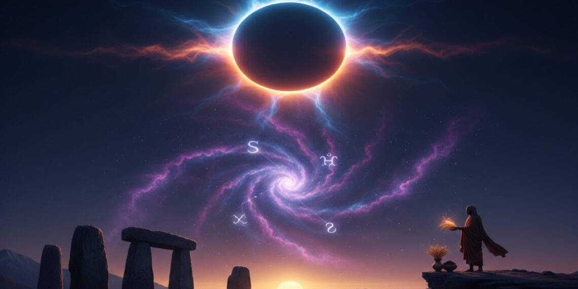 An artistic digital illustration of a solar eclipse in the cosmic sky above a silhouette of a person offering grains, with zodiac signs spiraling in a galaxy-like formation.