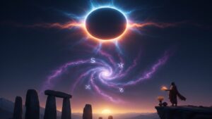 An artistic digital illustration of a solar eclipse in the cosmic sky above a silhouette of a person offering grains, with zodiac signs spiraling in a galaxy-like formation.