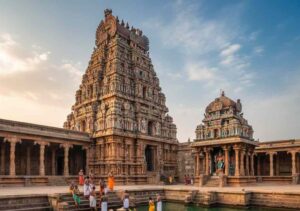 ದಕ್ಷಿಣ ಭಾರತದ ಶೈಲಿಯ ಭವ್ಯವಾದ ಶಿವ ದೇವಾಲಯ, ಎದುರಿಗಿನ ಪವಿತ್ರ ಪುಷ್ಕರಿಣಿಯಲ್ಲಿ ಭಕ್ತರು ಸ್ನಾನ ಮಾಡುತ್ತಿರುವುದು ಮತ್ತು ನೀರಿನಲ್ಲಿ ಪ್ರತಿಫಲಿಸುತ್ತಿರುವ ದೇವಾಲಯದ ಗೋಪುರ.