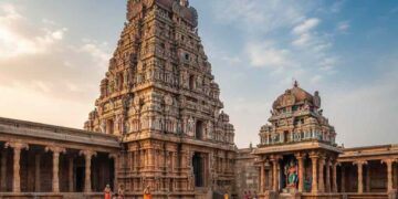 ದಕ್ಷಿಣ ಭಾರತದ ಶೈಲಿಯ ಭವ್ಯವಾದ ಶಿವ ದೇವಾಲಯ, ಎದುರಿಗಿನ ಪವಿತ್ರ ಪುಷ್ಕರಿಣಿಯಲ್ಲಿ ಭಕ್ತರು ಸ್ನಾನ ಮಾಡುತ್ತಿರುವುದು ಮತ್ತು ನೀರಿನಲ್ಲಿ ಪ್ರತಿಫಲಿಸುತ್ತಿರುವ ದೇವಾಲಯದ ಗೋಪುರ.