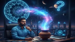 A visionary man sitting at a high-tech desk with a laptop and electronic circuits, representing Aquarius zodiac. A traditional clay pot (Kumbha) emits cosmic energy, with a glowing blue astrological wheel and a futuristic city skyline in the background.