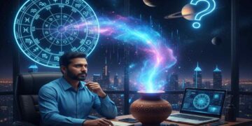 A visionary man sitting at a high-tech desk with a laptop and electronic circuits, representing Aquarius zodiac. A traditional clay pot (Kumbha) emits cosmic energy, with a glowing blue astrological wheel and a futuristic city skyline in the background.
