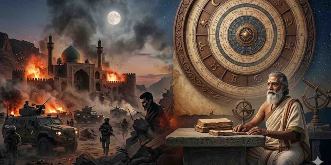 A composite conceptual image showing a scene of conflict in Iran on one side and an astrologer with a large astrological chart on the other.