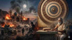 A composite conceptual image showing a scene of conflict in Iran on one side and an astrologer with a large astrological chart on the other.