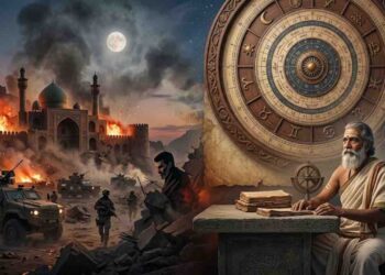 A composite conceptual image showing a scene of conflict in Iran on one side and an astrologer with a large astrological chart on the other.