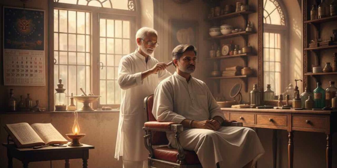 ಸಾಂಪ್ರದಾಯಿಕ ಭಾರತೀಯ ಶೈಲಿಯ ಕ್ಷೌರದ ಅಂಗಡಿಯಲ್ಲಿ ಒಬ್ಬ ವ್ಯಕ್ತಿಗೆ ಕ್ಷೌರ ಮಾಡುತ್ತಿರುವ ದೃಶ್ಯ. ಹಿನ್ನೆಲೆಯಲ್ಲಿ ಪಂಚಾಂಗ (ಕ್ಯಾಲೆಂಡರ್), ಹಳೆಯ ಶೈಲಿಯ ಕನ್ನಡಿ ಮತ್ತು ಪವಿತ್ರ ಗ್ರಂಥವಿದೆ.