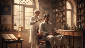 ಸಾಂಪ್ರದಾಯಿಕ ಭಾರತೀಯ ಶೈಲಿಯ ಕ್ಷೌರದ ಅಂಗಡಿಯಲ್ಲಿ ಒಬ್ಬ ವ್ಯಕ್ತಿಗೆ ಕ್ಷೌರ ಮಾಡುತ್ತಿರುವ ದೃಶ್ಯ. ಹಿನ್ನೆಲೆಯಲ್ಲಿ ಪಂಚಾಂಗ (ಕ್ಯಾಲೆಂಡರ್), ಹಳೆಯ ಶೈಲಿಯ ಕನ್ನಡಿ ಮತ್ತು ಪವಿತ್ರ ಗ್ರಂಥವಿದೆ.