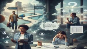 A conceptual illustration showing four people representing different zodiac signs in a professional setting, looking confused between career paths, business ideas, and specialized courses, with astrological symbols in the background.