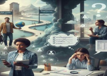 A conceptual illustration showing four people representing different zodiac signs in a professional setting, looking confused between career paths, business ideas, and specialized courses, with astrological symbols in the background.