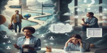 A conceptual illustration showing four people representing different zodiac signs in a professional setting, looking confused between career paths, business ideas, and specialized courses, with astrological symbols in the background.