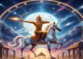 A majestic illustration of the Sagittarius zodiac sign featuring a golden warrior on a white horse aiming a flaming arrow at the sky, surrounded by a glowing zodiac wheel, a full moon, and ancient temple ruins.