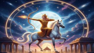 A majestic illustration of the Sagittarius zodiac sign featuring a golden warrior on a white horse aiming a flaming arrow at the sky, surrounded by a glowing zodiac wheel, a full moon, and ancient temple ruins.