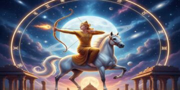 A majestic illustration of the Sagittarius zodiac sign featuring a golden warrior on a white horse aiming a flaming arrow at the sky, surrounded by a glowing zodiac wheel, a full moon, and ancient temple ruins.