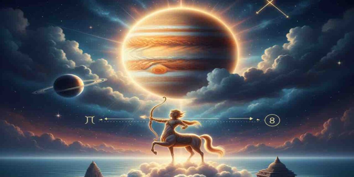 A celestial centaur archer standing on a cloud above a calm ocean, aiming an arrow under a massive glowing Jupiter and a dark Saturn in a starry cosmic sky.