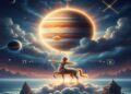 A celestial centaur archer standing on a cloud above a calm ocean, aiming an arrow under a massive glowing Jupiter and a dark Saturn in a starry cosmic sky.