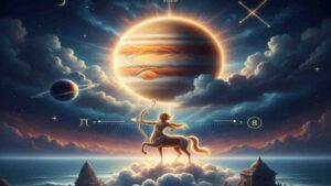 A celestial centaur archer standing on a cloud above a calm ocean, aiming an arrow under a massive glowing Jupiter and a dark Saturn in a starry cosmic sky.