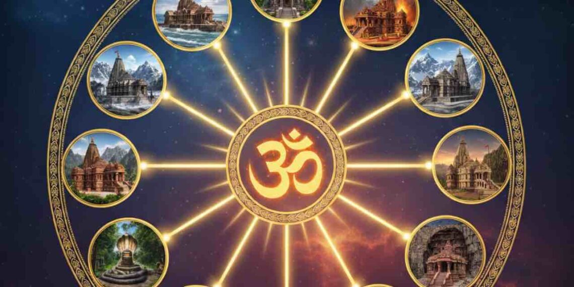 A spiritual infographic showing 12 Jyotirlinga temples of India arranged in a circle with a glowing Om symbol in the center, titled Dwadasha Jyotirlingas Maha Shivaratri 2026.