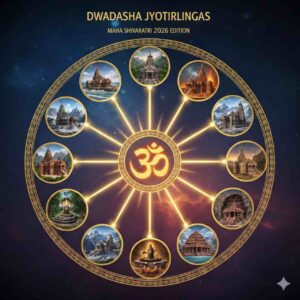 A spiritual infographic showing 12 Jyotirlinga temples of India arranged in a circle with a glowing Om symbol in the center, titled Dwadasha Jyotirlingas Maha Shivaratri 2026.