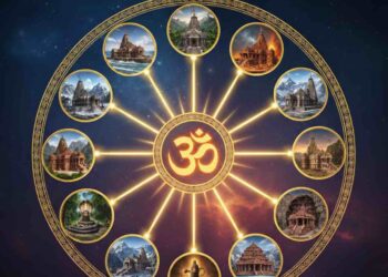 A spiritual infographic showing 12 Jyotirlinga temples of India arranged in a circle with a glowing Om symbol in the center, titled Dwadasha Jyotirlingas Maha Shivaratri 2026.