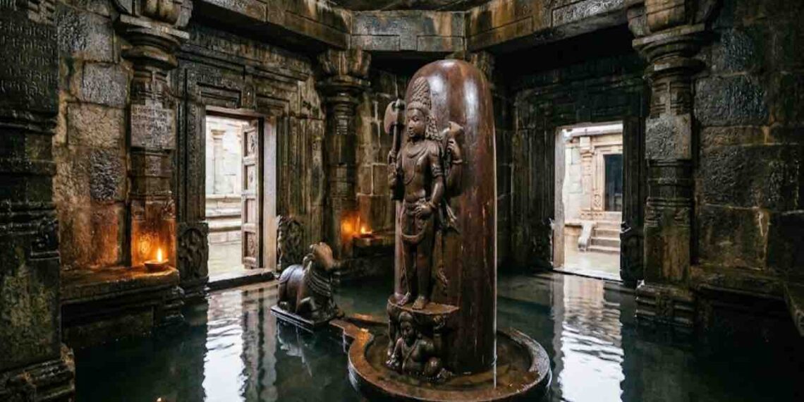 An ancient Indian stone temple's inner sanctum partially filled with water, featuring a tall dark sandstone Shiva Linga with a carved figure of Shiva standing on a dwarf, surrounded by intricately carved pillars and doorways.