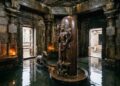 An ancient Indian stone temple's inner sanctum partially filled with water, featuring a tall dark sandstone Shiva Linga with a carved figure of Shiva standing on a dwarf, surrounded by intricately carved pillars and doorways.