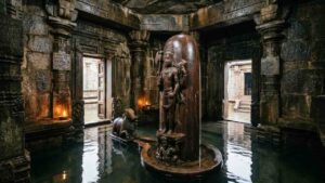 An ancient Indian stone temple's inner sanctum partially filled with water, featuring a tall dark sandstone Shiva Linga with a carved figure of Shiva standing on a dwarf, surrounded by intricately carved pillars and doorways.
