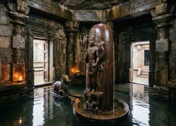 An ancient Indian stone temple's inner sanctum partially filled with water, featuring a tall dark sandstone Shiva Linga with a carved figure of Shiva standing on a dwarf, surrounded by intricately carved pillars and doorways.